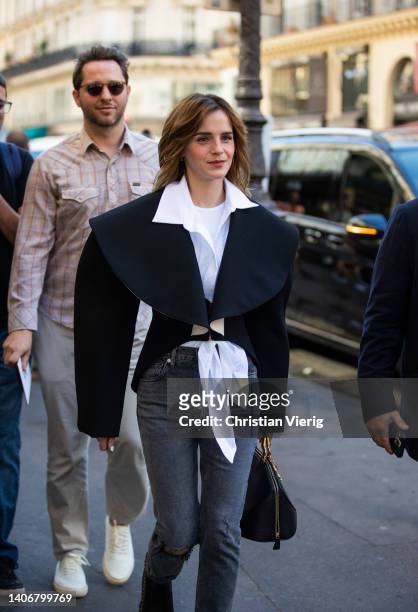 Emma Watson is seen outside Schiaparelli during Paris Fashion Week - Haute Couture Fall Winter 2022 2023 - Day One on July 04, 2022 in Paris, France.