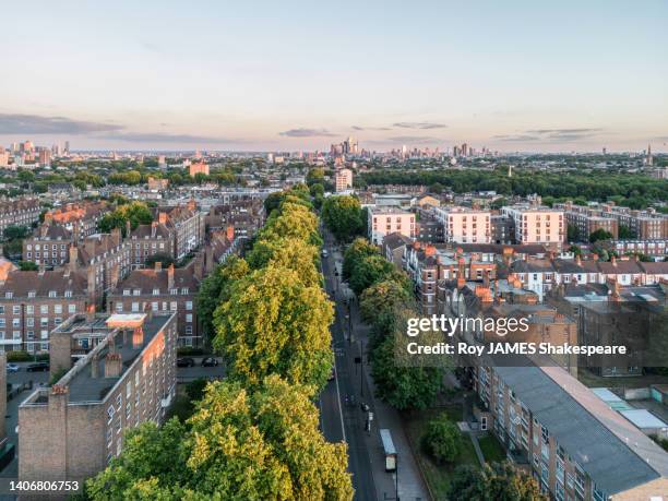 london from drone perspective,  looking south along the a10 from stamford hill - roy james shakespeare stock pictures, royalty-free photos & images