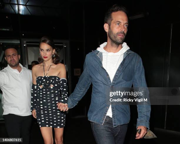 Natalie Portman and Benjamin Millepied seen at the W hotel on July 04, 2022 in London, England.