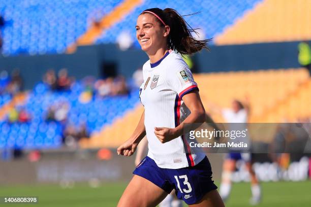 Alex Morgan of United States celebrates after scoring her team's first goal during the match between United States and Haiti as part of the 2022...