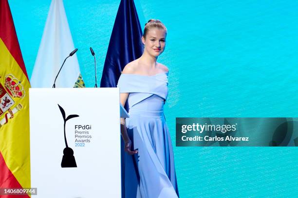 Crown Princess Leonor of Spain attends the 'Princesa de Girona' Foundation 2022 awards at the Agbar Foundation on July 04, 2022 in Barcelona, Spain.