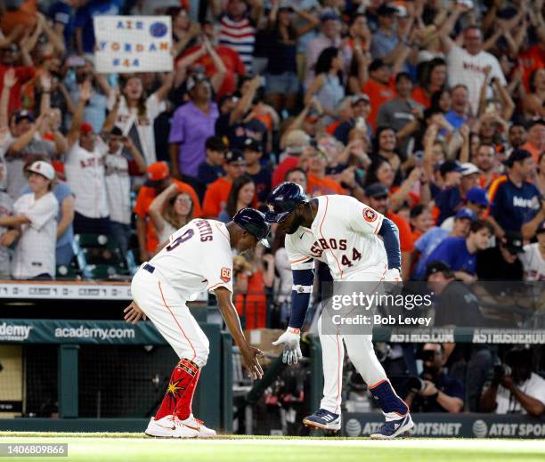 Yordan Alvarez of the Houston Astros hits a walk-off home run in the ninth inning against the Kansas City Royals at Minute Maid Park on July 04, 2022...