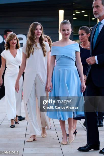 Crown Princess Leonor of Spain and Princess Sofia of Spain attend the 'Princesa de Girona' Foundation 2022 awards at the Agbar Foundation on July 04,...