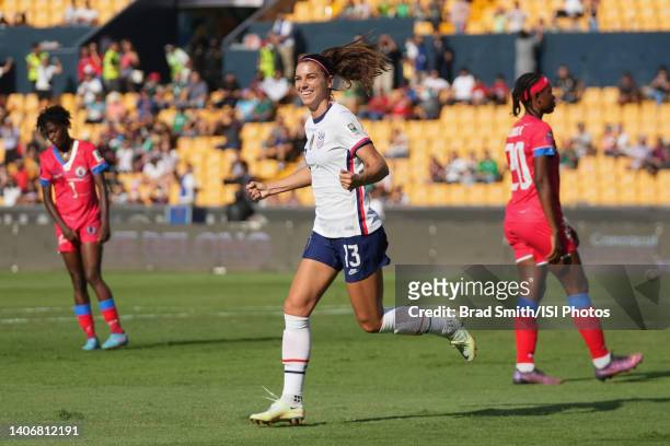 Alex Morgan of the United States celebrates scoring a goal during the match between United States and Haiti as part of the 2022 Concacaf W...