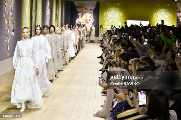 Model walks the runway during the Dior Haute Couture Fall/Winter 2022-2023 fashion show as part of the Paris Haute Couture Week on July 4, 2022 in...