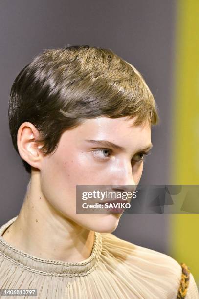 Model walks the runway during the Dior Haute Couture Fall/Winter 2022-2023 fashion show as part of the Paris Haute Couture Week on July 4, 2022 in...