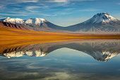 Lejia lake reflection at sunrise, near Atacama Volcanoes, Chile