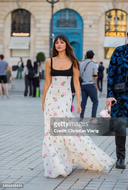 Mexican actress Eiza Gonzalez seen wearing black white dress with print outside Giambattista Valli during Paris Fashion Week - Haute Couture Fall...