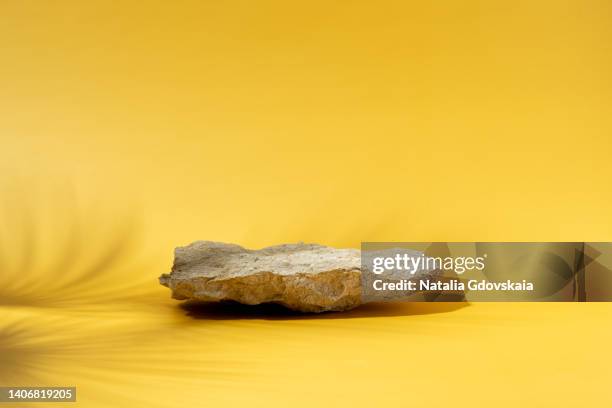 background for beauty products. stone podium, front view. empty showcase for packaging presentation. mockup pedestal. advertisement display with sunlight, platform set, palm tree shadow. trendy minimalist yellow backdrop composition for cosmetics - beige rock fotografías e imágenes de stock