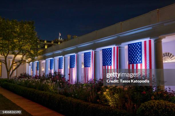 The Rose Garden is draped in American flags as guests on the south lawn watch the fireworks go off on national mall from the White House on July 04,...