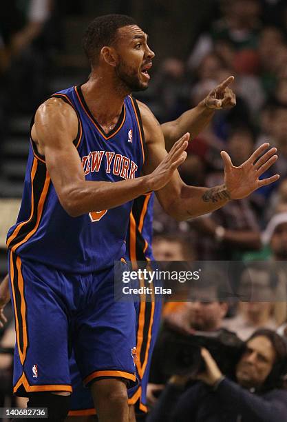 Jared Jeffries of the New York Knicks reacts to a call against him in the second half against the Boston Celtics on March 4, 2012 at TD Garden in...