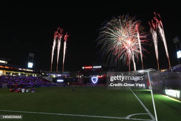 Fans enjoys a post-game fireworks display over the stadium celebrating the Fourth of July after the MLS game between Inter Miami FC and FC Dallas at...