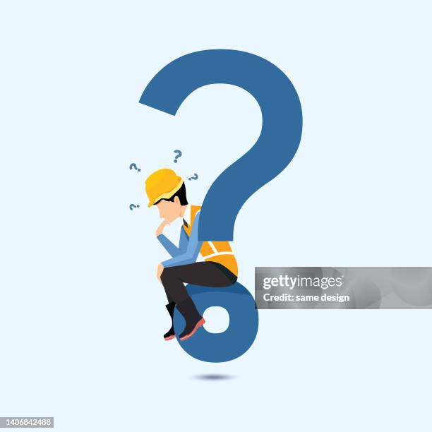 stockillustraties, clipart, cartoons en iconen met a contractor is thinking about the question and sitting on a big question mark symbol... - think big