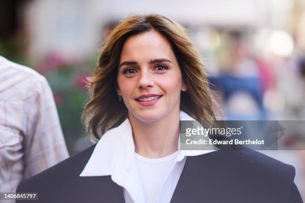 Emma Watson is seen, outside the Schiaparelli show, during Paris Fashion Week - Haute Couture Fall Winter 2022 2023, on July 04, 2022 in Paris,...