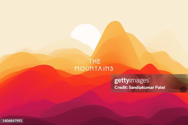 ilustraciones, imágenes clip art, dibujos animados e iconos de stock de paisaje de montaña con amanecer. puesta del sol. terreno montañoso. silueta de colinas. - mountain peak