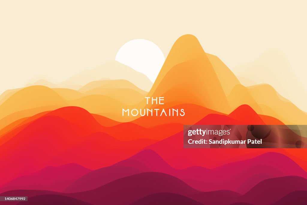 Mountain landscape with a dawn. Sunset. Mountainous terrain. Hills silhouette.