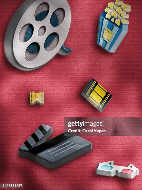 movie tickets, clapperboard, pop corn and 3d glasses in grey.valentines day concept - golden reel stock pictures, royalty-free photos & images