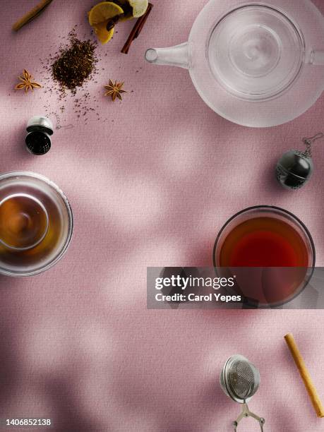 flat lay tea table with  tea cup - cup of tea from above fotografías e imágenes de stock