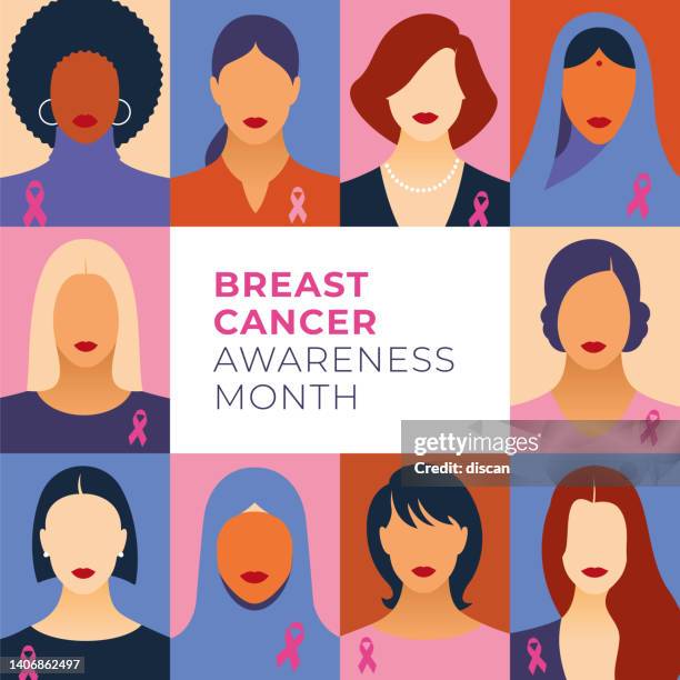 ilustrações, clipart, desenhos animados e ícones de mês de conscientização sobre o câncer de mama e diversas mulheres étnicas com fita de apoio rosa. - day
