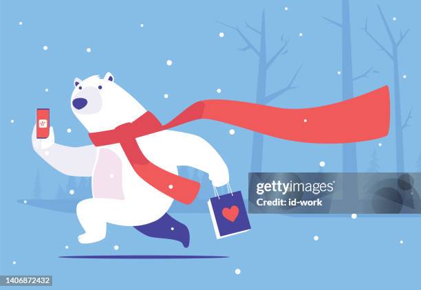 polar bear holding smartphone and shopping bag and running - fat cartoon animals stock illustrations