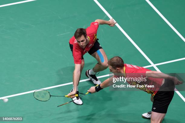 Mark Lamsfuss and Marvin Seidel of Germany in action against Kang Min Hyuk and Seo Seung Jae in their men's doubles on day one of the Perodua...