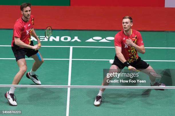 Mark Lamsfuss and Marvin Seidel of Germany in action against Kang Min Hyuk and Seo Seung Jae in their men's doubles on day one of the Perodua...