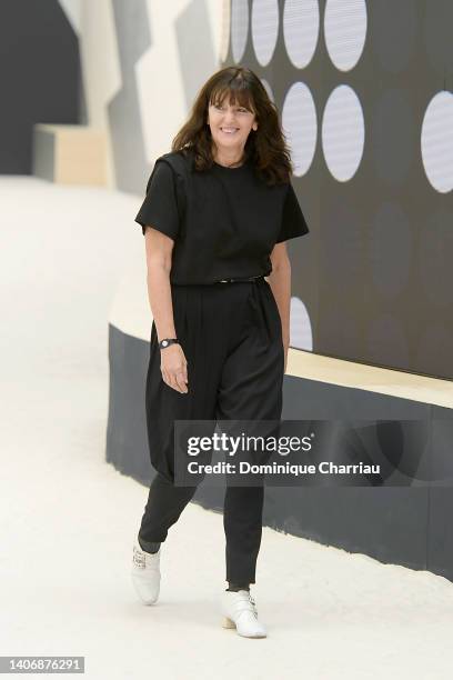 Designer Virginie Viard walks the runway during the Chanel Haute Couture Fall Winter 2022 2023 show as part of Paris Fashion Week on July 05, 2022 in...