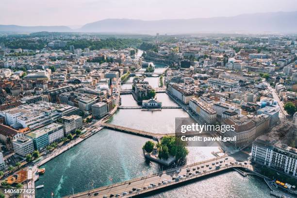 aerial view of geneva downtown, city in switzerland - genève zwitserland stockfoto's en -beelden