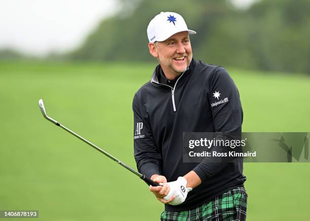 Ian Poulter of England shares a joke at the 9th hole during Day Two of the JP McManus Pro-Am at Adare on July 05, 2022 in Limerick, Ireland.