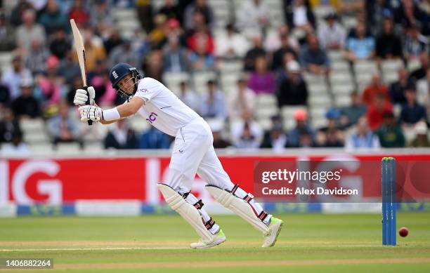 Joe Root of England hits runs during Day Five of the Fifth LV=Insurance Test Match at Edgbaston on July 05, 2022 in Birmingham, England.