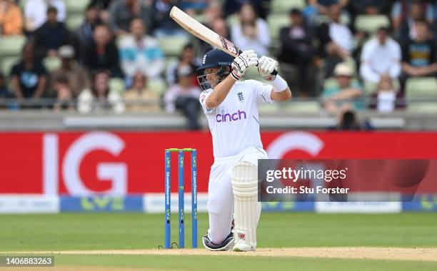 England batsman Joe Root drives to the boundary during the Fifth and final day of the Fifth Test Match between England and India at Edgbaston on July...