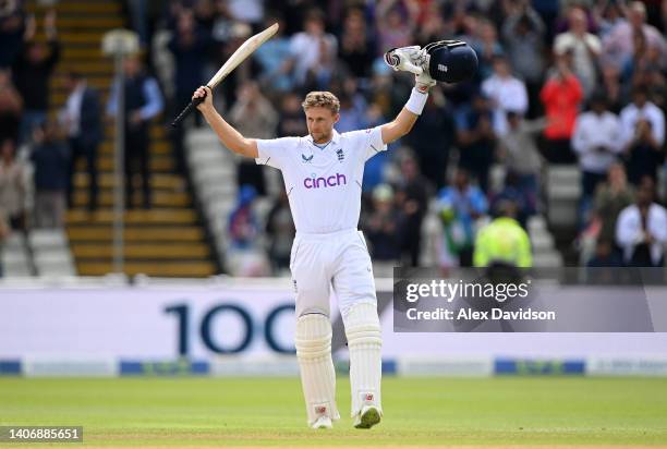 Joe Root of England celebrates reaching his century during Day Five of the Fifth LV=Insurance Test Match at Edgbaston on July 05, 2022 in Birmingham,...