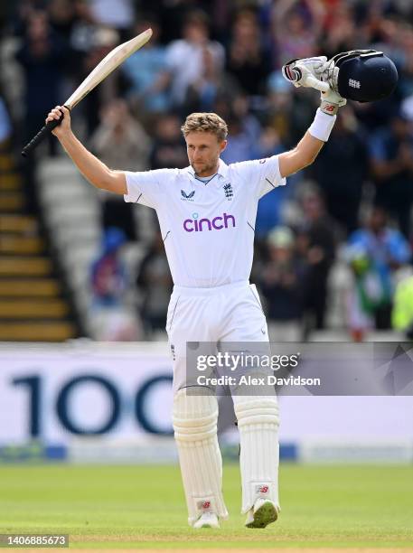 Joe Root of England celebrates reaching his century during Day Five of the Fifth LV=Insurance Test Match at Edgbaston on July 05, 2022 in Birmingham,...