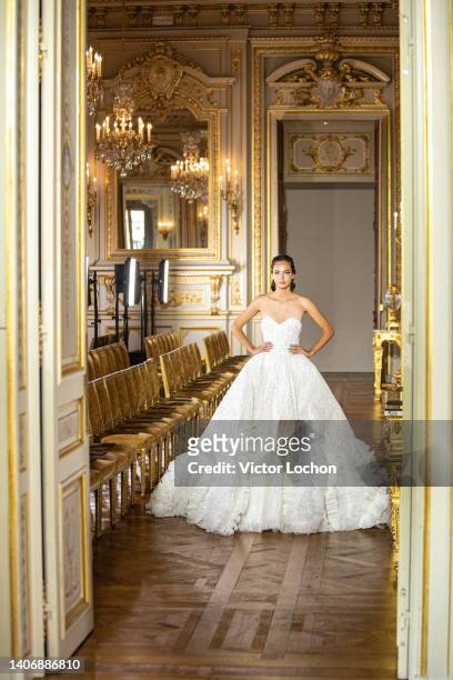 Model walks the runway during the Tony Ward Haute Couture Fall Winter 2022 2023 show as part of Paris Fashion Week At Shangri La on July 4, 2022 in...
