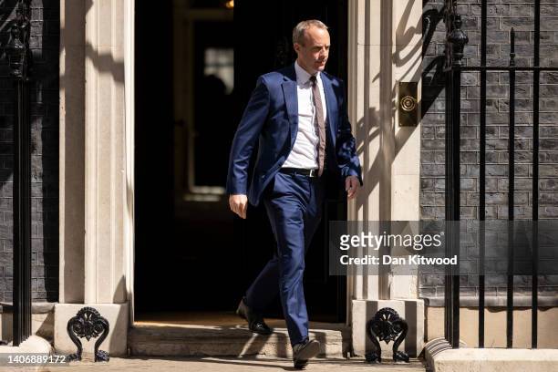 Britain's Justice Secretary and deputy Prime Minister, Dominic Raab leaves Downing Street after the weekly cabinet meeting on July 05, 2022 in...