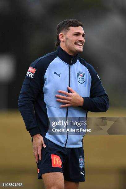 Nathan Cleary trains during a New South Wales Blues State of Origin media opportunity at Oakes Oval on July 05, 2022 in Lismore, Australia.