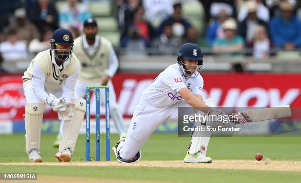 England batsman Joe Root reverse sweeps a ball towards the boundary during the Fifth and final day of the Fifth Test Match between England and India...