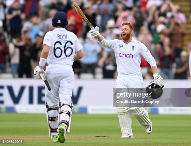 Jonathan Bairstow of England celebrates reaching his century with Joe Root during day five of Fifth LV= Insurance Test Match between England and...