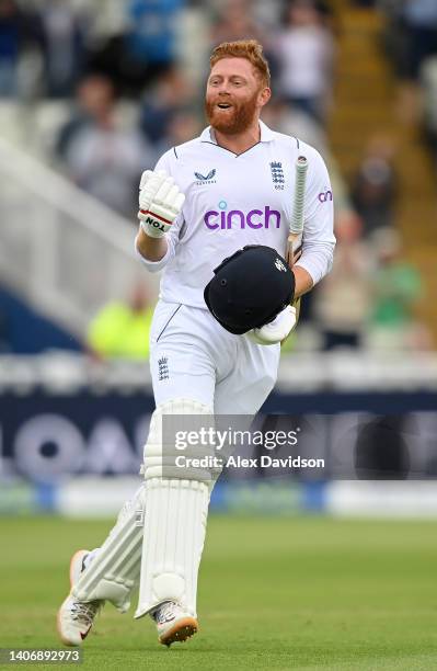 Jonny Bairstow of England celebrates reaching his century during Day Five of the Fifth LV=Insurance Test Match at Edgbaston on July 05, 2022 in...