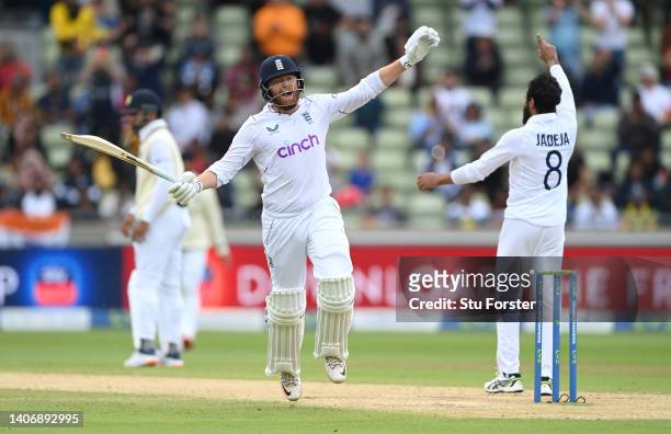 England batsman Jonny Bairstow celebrates his century during the Fifth and final day of the Fifth Test Match between England and India at Edgbaston...