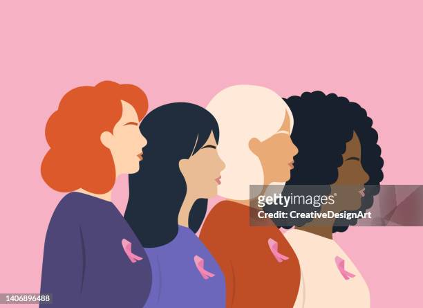 bildbanksillustrationer, clip art samt tecknat material och ikoner med side view of multi-ethnic women group with pink ribbons. breast cancer awareness and support concept. - överlevnad