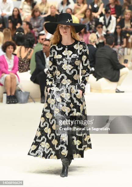 Model walks the runway during the Chanel Haute Couture Fall Winter 2022 2023 show as part of Paris Fashion Week on July 05, 2022 in Paris, France.