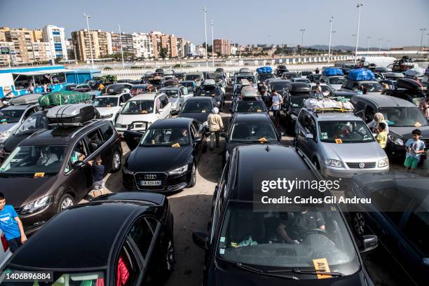 Hundreds of cars wait in the port of Algeciras to board the ferry to travel to Morocco on July 05, 2022 in Algeciras, Spain. Thousands of Moroccan...