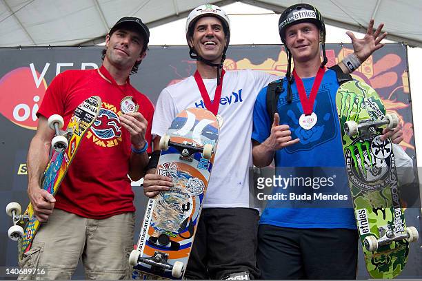 1st Bob Burnquist 2nd Paul Luc Ronchetti and 3rd Andy MacDonald of the Oi Vert Jam on March 04, 2012 in Rio de Janeiro, Brazil. The rain prevented...