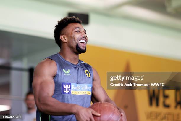 Adama Traore of Wolverhampton Wanderers plays basketball in the gym at The Sir Jack Hayward Training Ground on July 04, 2022 in Wolverhampton,...