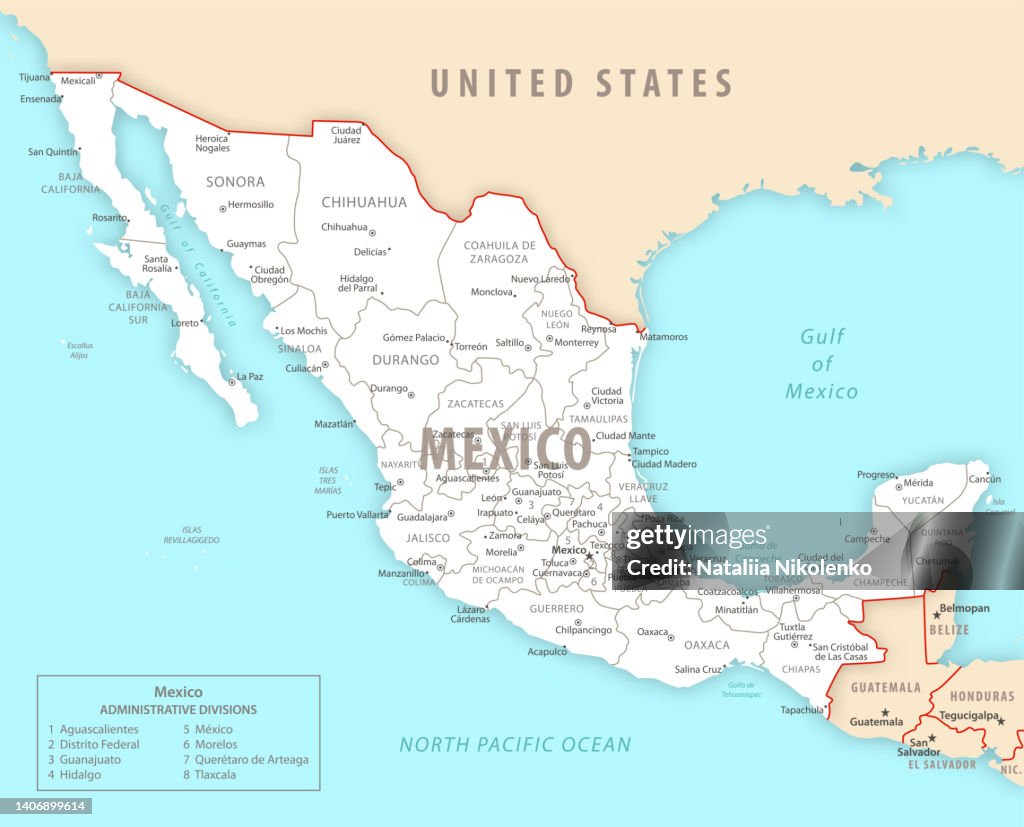 Mapa detallado de México con regiones y ciudades del país.