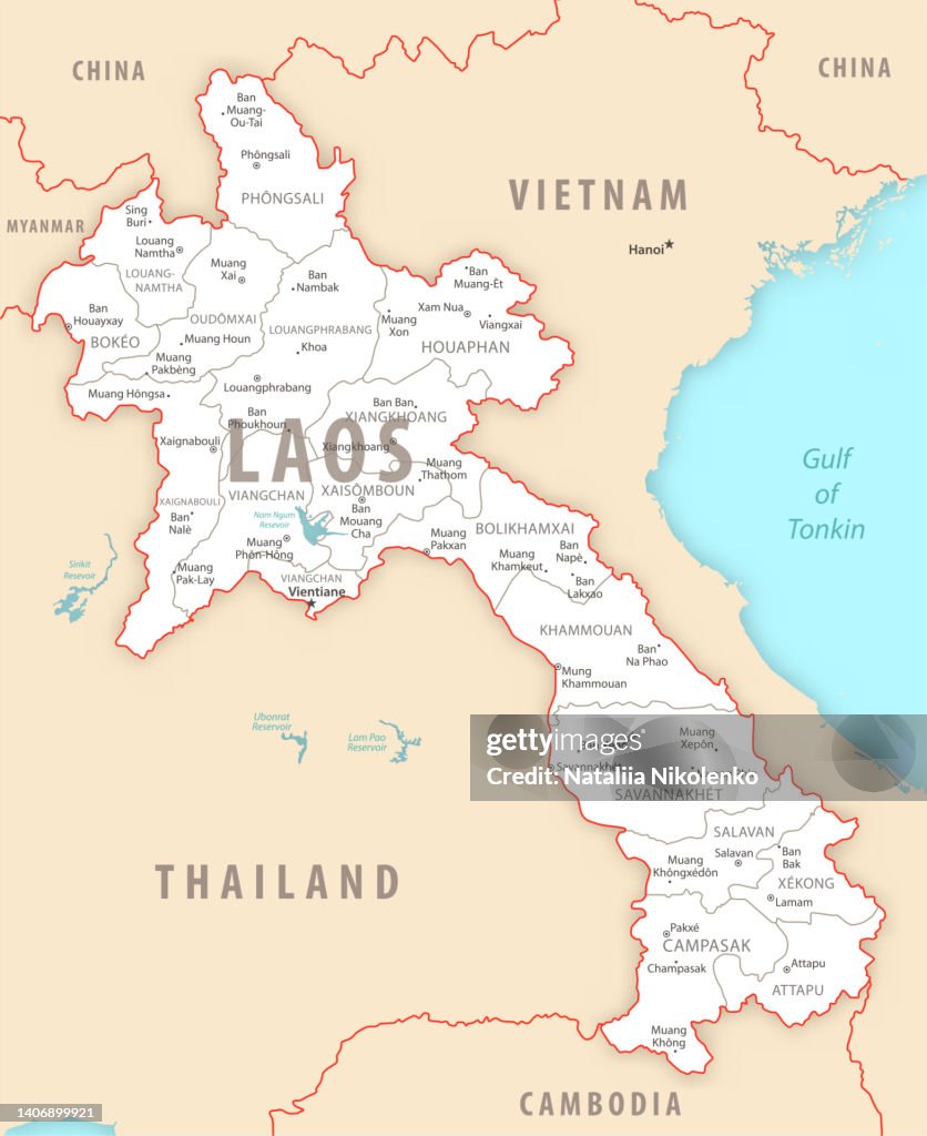 Laos detailed map with regions and cities of the country.