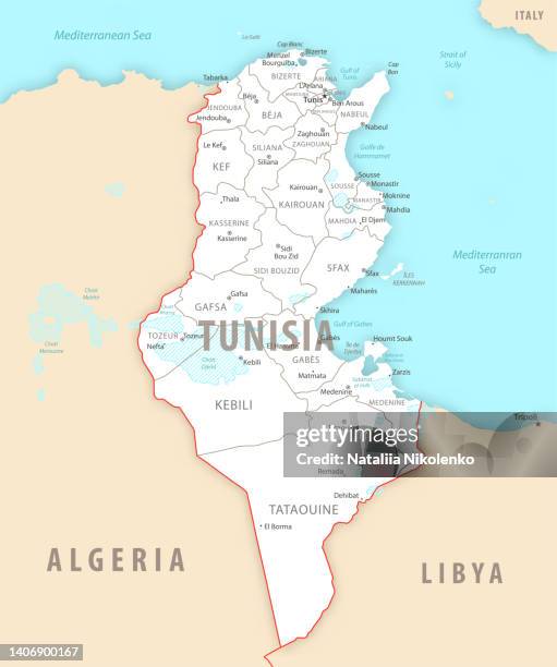 tunisia detailed map with regions and cities of the country. - tunisia stock illustrations
