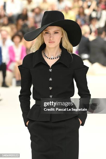 Model walks the runway during the Chanel Haute Couture Fall Winter 2022 2023 show as part of Paris Fashion Week on July 05, 2022 in Paris, France.