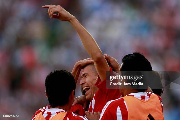 Jorge Enriquez of Chivas celebrates a scored goal Puebla against during a match between Puebla v Chivas as part of the Clausura 2012 at Cuauhtemoc...